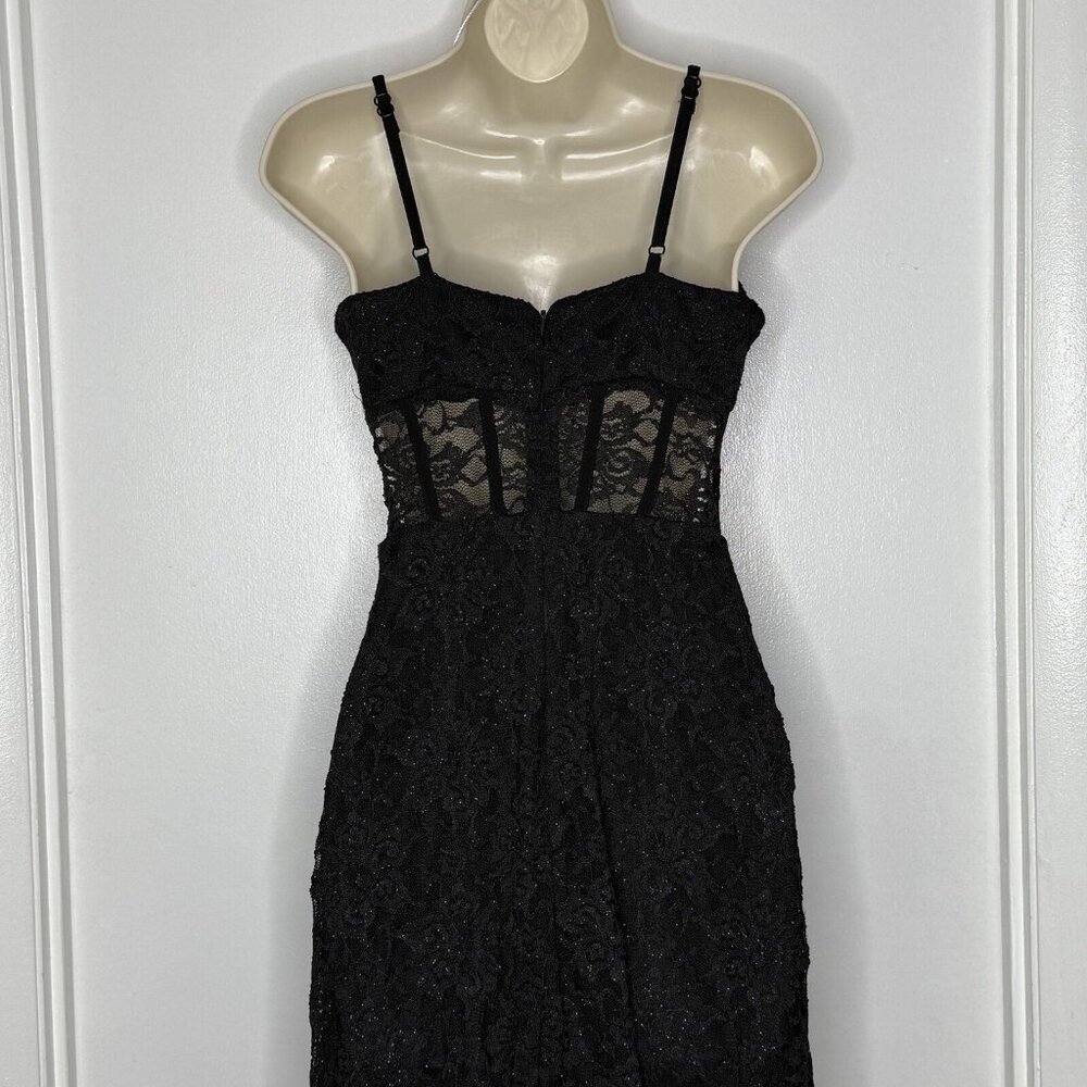 Morgan & Co Junior Lace Corset Black Prom Gown Dress Sz 3 Whimsigoth V Neck Slit - Picture 8 of 13
